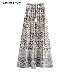 Bohemia Paisley Floral Print Long Skirt Spliced Ruched Ruffle Hem Hippie