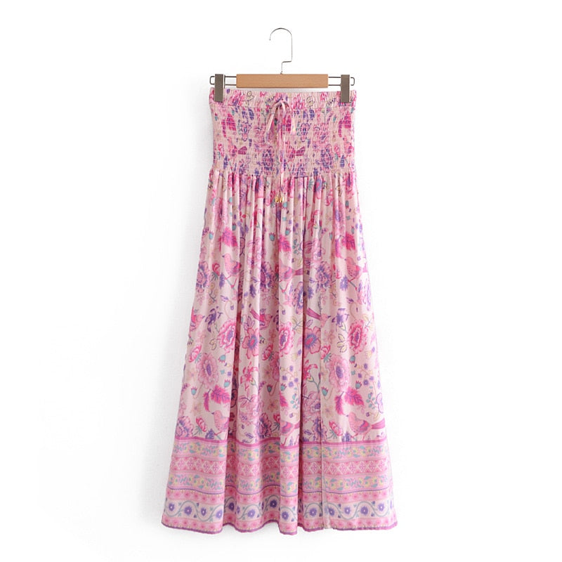 Bohemia Spliced Floral Bird Print Hem Slit Midi Long Skirt