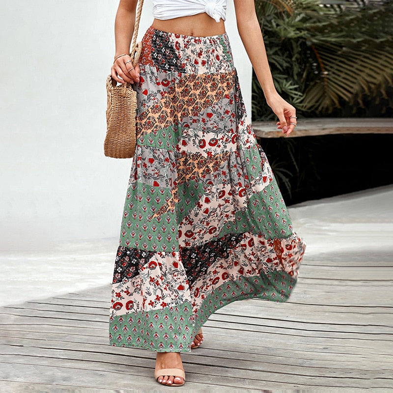 Bohemian Women's Printed Skirt National Style High Waist Slim Skirts