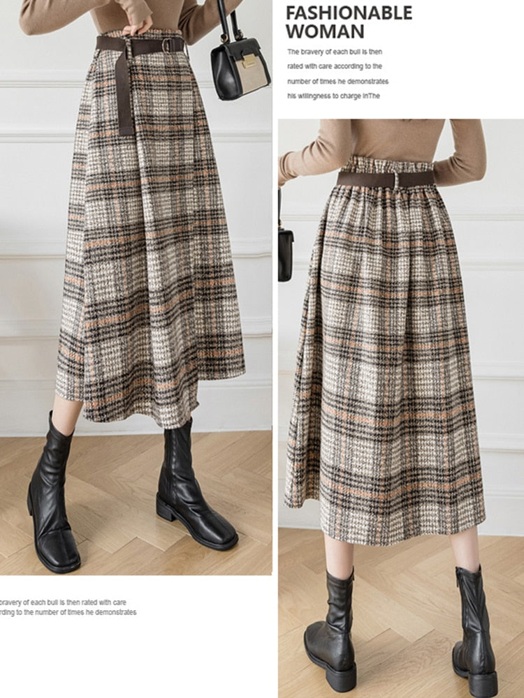 Warm Midi Long Skirt Women Style Irregular Plaid Mid-Length High Waist Skirt