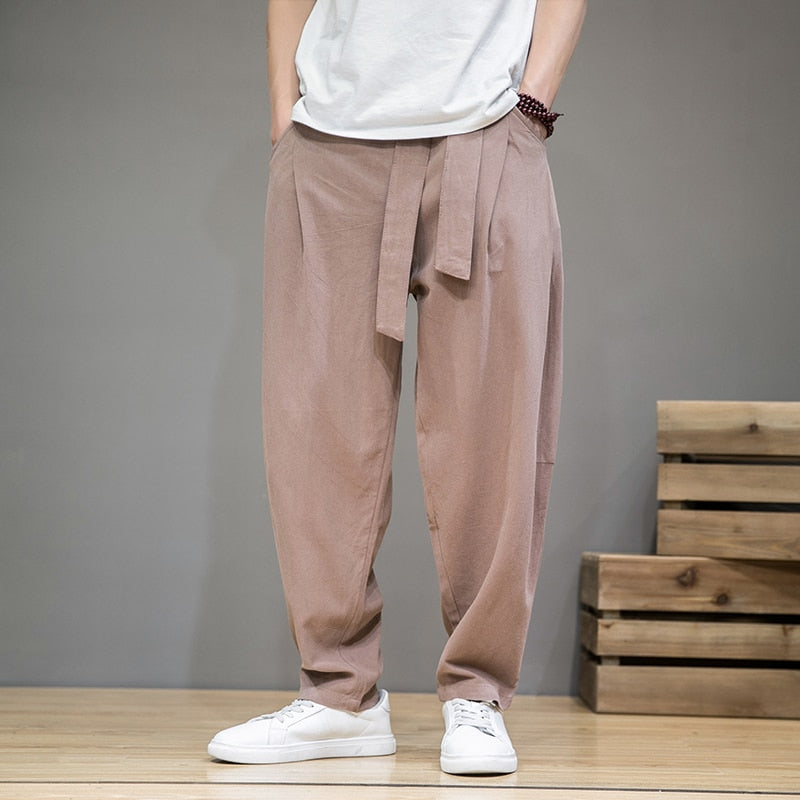 Linen Pants Men Elastic Waist Casual Harem Pant Loose Sweatpants Trousers