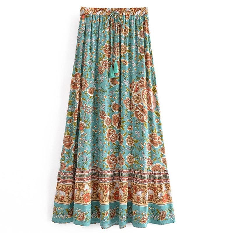 Bohemia Floral Print Long Skirt Spliced Ruched Ruffle Hem Hippie