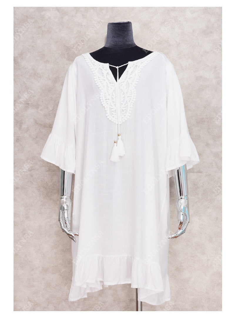 Bikini Cover-ups White Cotton Tunic Casual V-neck Tassel