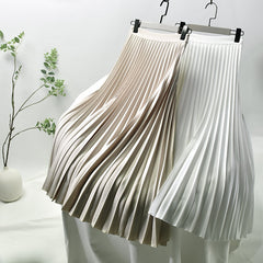 Autumn A-line Pleated Skirt Stretch Waist White Long Skirt