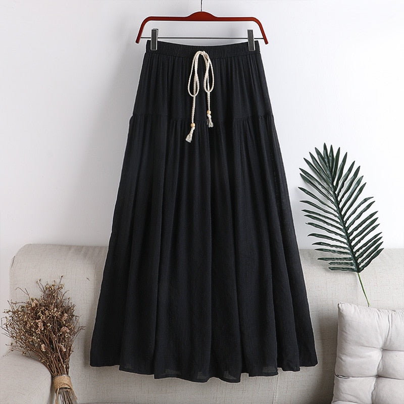 Linen Cotton Pleated Skirt Women Elastic High Waist Long Skirts