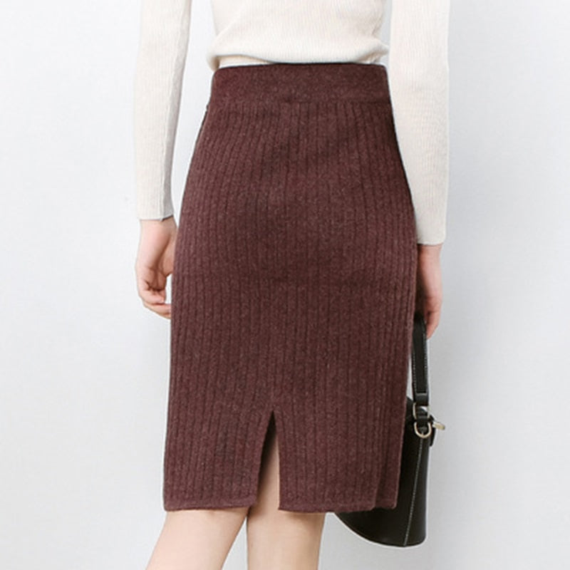 Knit Pencil Skirt Women High Waist Elastic Skirts