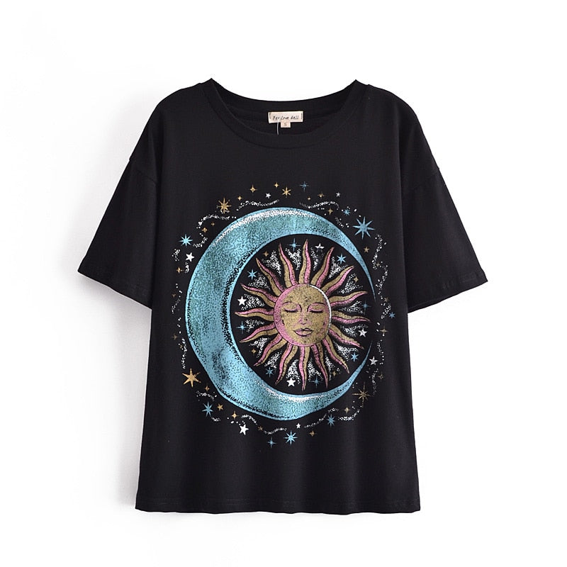 Women Boho Tees Short Sleeve Sun and Moon  Vintage T Shirt