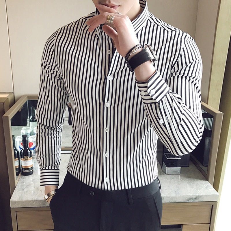 Long Sleeve Striped Shirts Men Simple Slim Fit Business Office Blouse