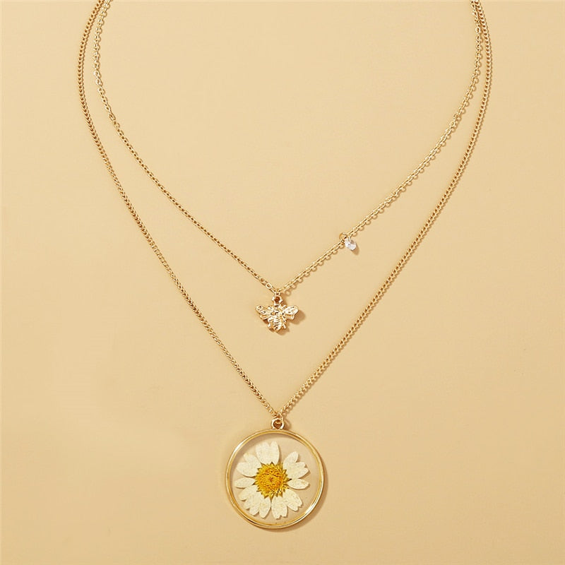 Double Layers Daisy Bee Pendant Tiny Honey Necklace