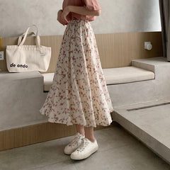 Vintage Floral Print A-line Pleated Long Skirts Summer