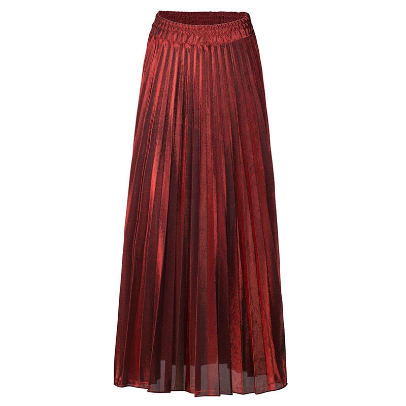 fashion women clothes high waist A-line pleated sliver vintage elastic long