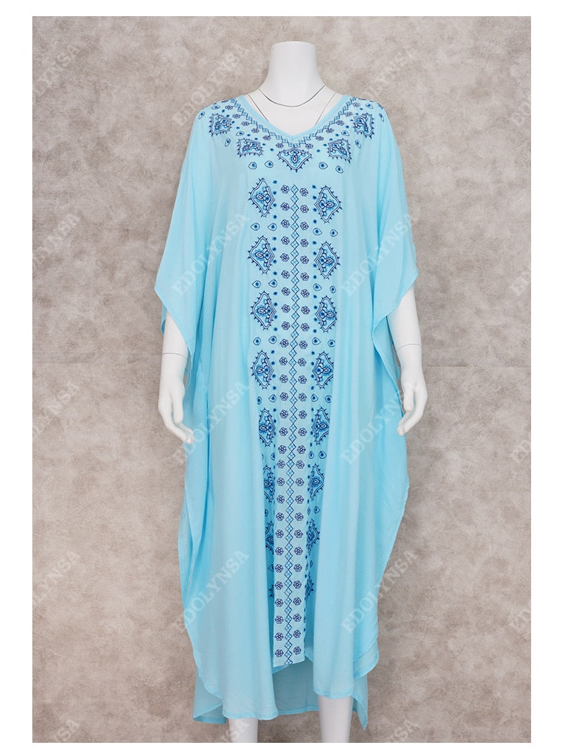 Embroidery Cotton Beach Kaftan Cover up Saida de Praia Swimsuit