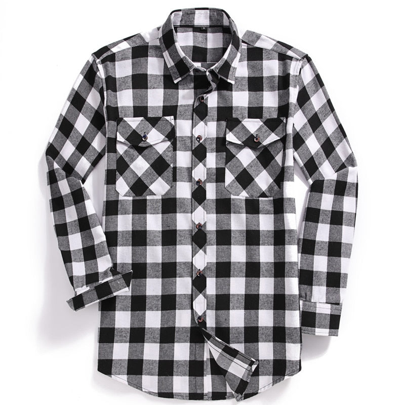 Men Casual Plaid Flannel Shirt Long-Sleeved Two Pocket Printed-Button