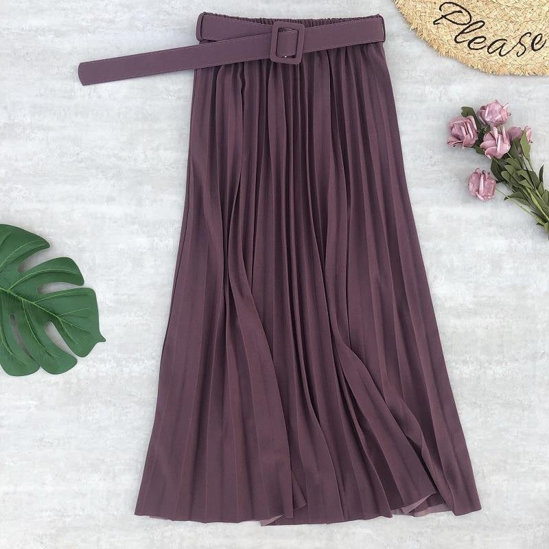 High Waist Women Skirt Casual Vintage Solid Belted Pleated Midi Skirts