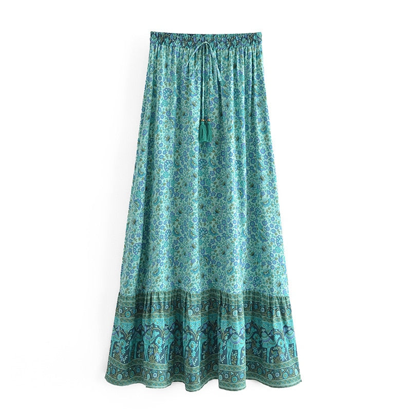 Bohemia Floral Print Long Skirt Spliced Ruched Ruffle Hem Hippie