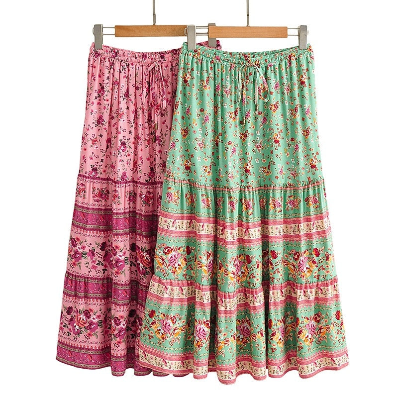 Bohemia Spliced Ruched Pleated Floral Print Women Skirt