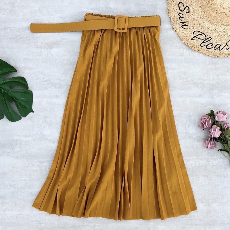 High Waist Women Skirt Casual Vintage Solid Belted Pleated Midi Skirts