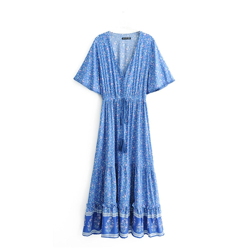 Fashion Floral Print V-neck  Rayon Cotton Bohemian Dresses