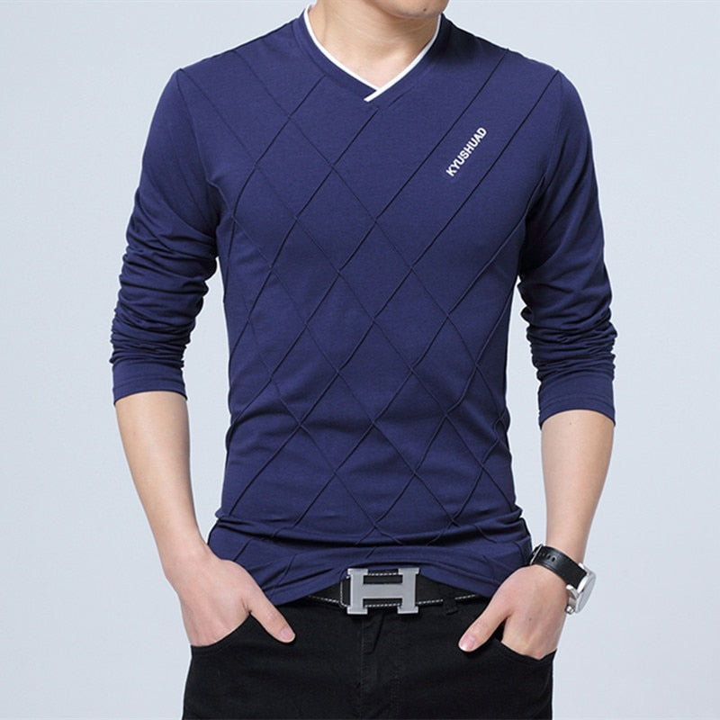 Mens Casual T-shirt Slim Long Sleeve V Neck Fitness T-shirts Tops Streetwear