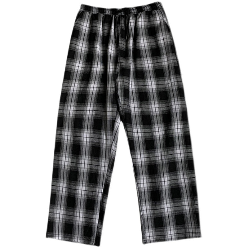 Men Casual Pants Plaid Ankle Length Loose Wide Leg Elastic Waist Trousers