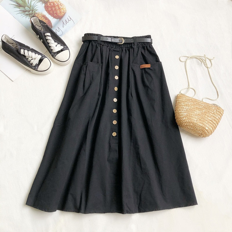 Casual Cotton Midi Long Skirt Women  Button Pocket Belt A Line