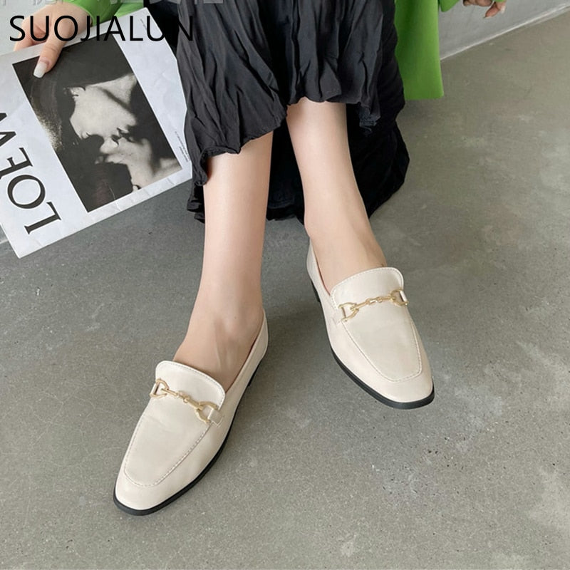 Slip On Loafer Metal Buckle Flat Shoes Round Toe Green Casual