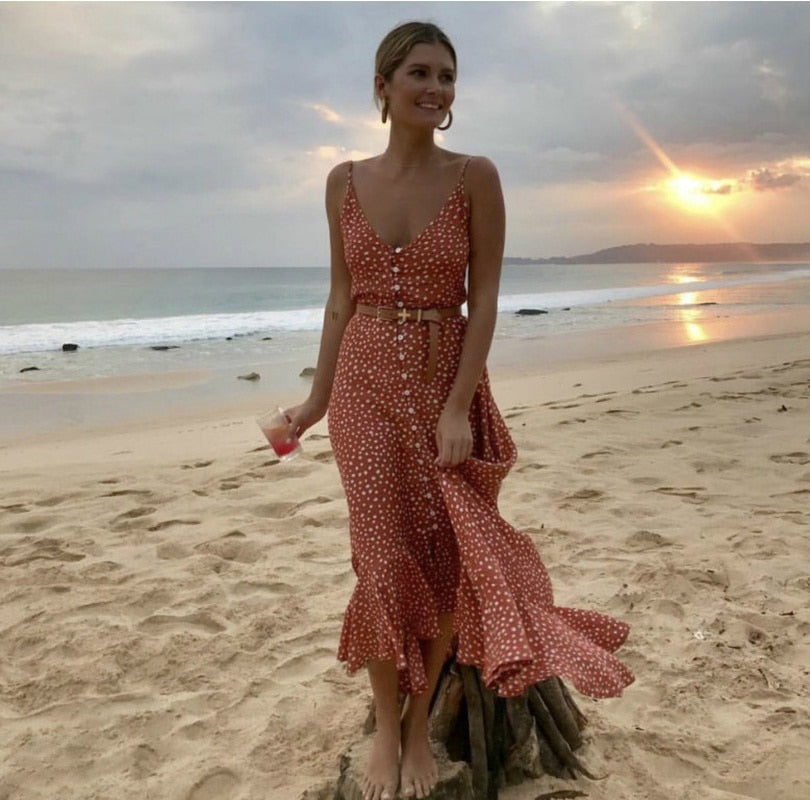 Vintage Polka Dot Print Sleeveless V-neck Beach Bohemian Dress