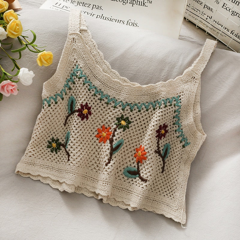 vintage embroidery crop tops camis for women floral print sleeveless