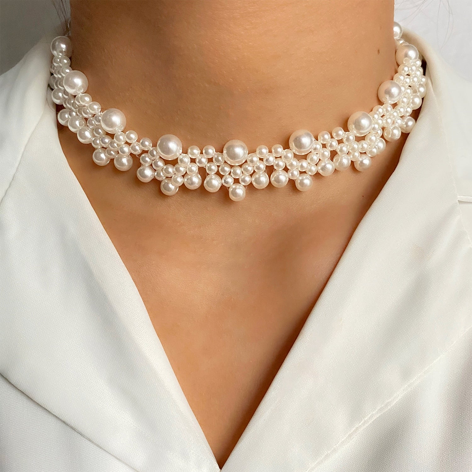 Dainty Pearl Flower Bow-knot Choker Necklace Long Chain Pearl Heart