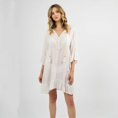 Bikini Cover-ups White Cotton Tunic Casual V-neck Tassel