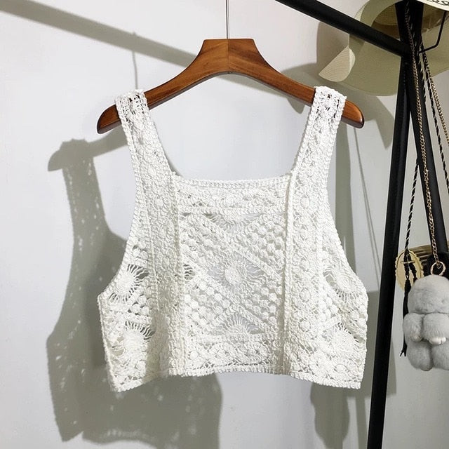 Crocheted Short Tank Tops Hollow Knit Vest Sling Short Top