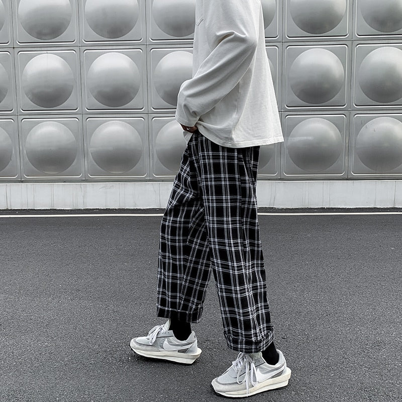 Men Casual Pants Plaid Ankle Length Loose Wide Leg Elastic Waist Trousers