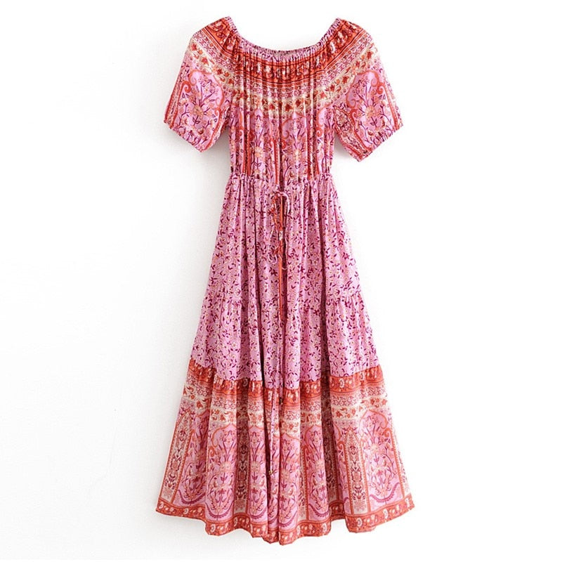 Bohemia Elastic Slash Shoulder Floral print BOHO Dress