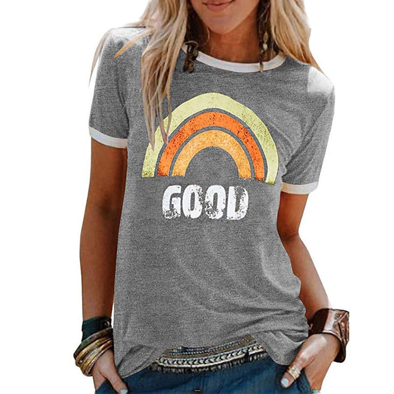 Rainbow Print Short Sleeve O-neck T-shirt   Cotton Tee Shirt