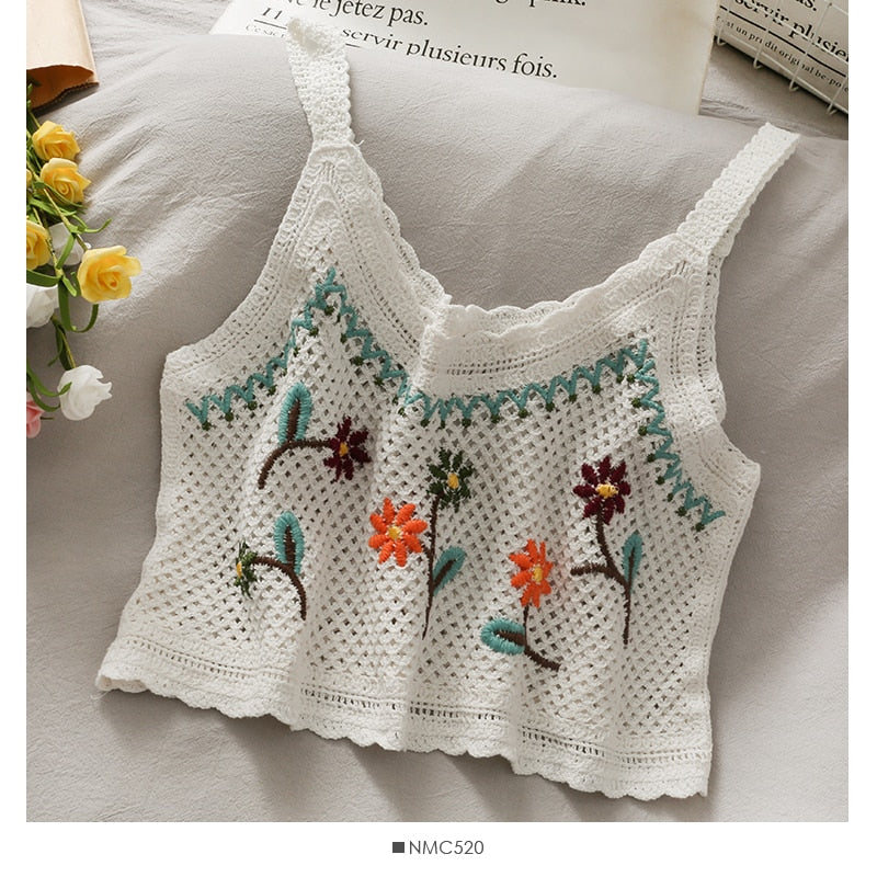 vintage embroidery crop tops camis for women floral print sleeveless