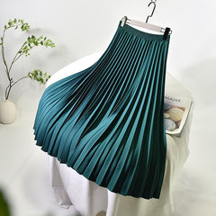 Women A-Line Spring Pleated Skirt Elegant Stretch High Waist Long Skirt