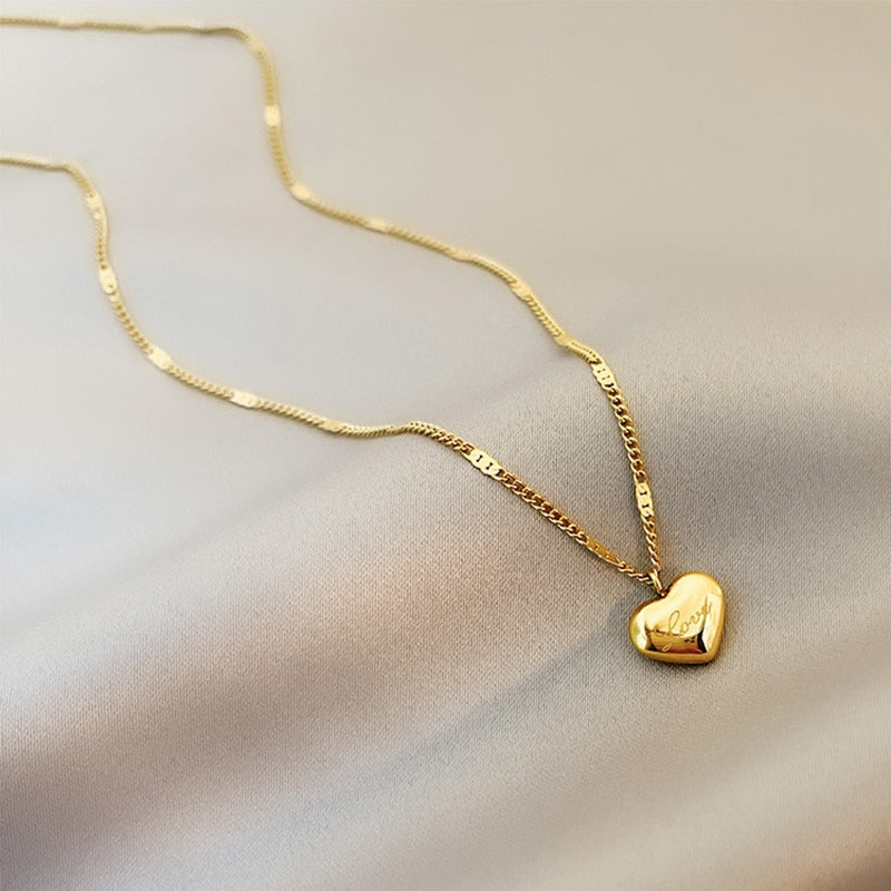 Stainless Steel Gold Color Love Heart Necklaces Trend Fashion