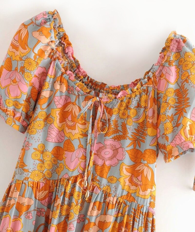 beach boho orange foral print mini dresses women short puff sleeve