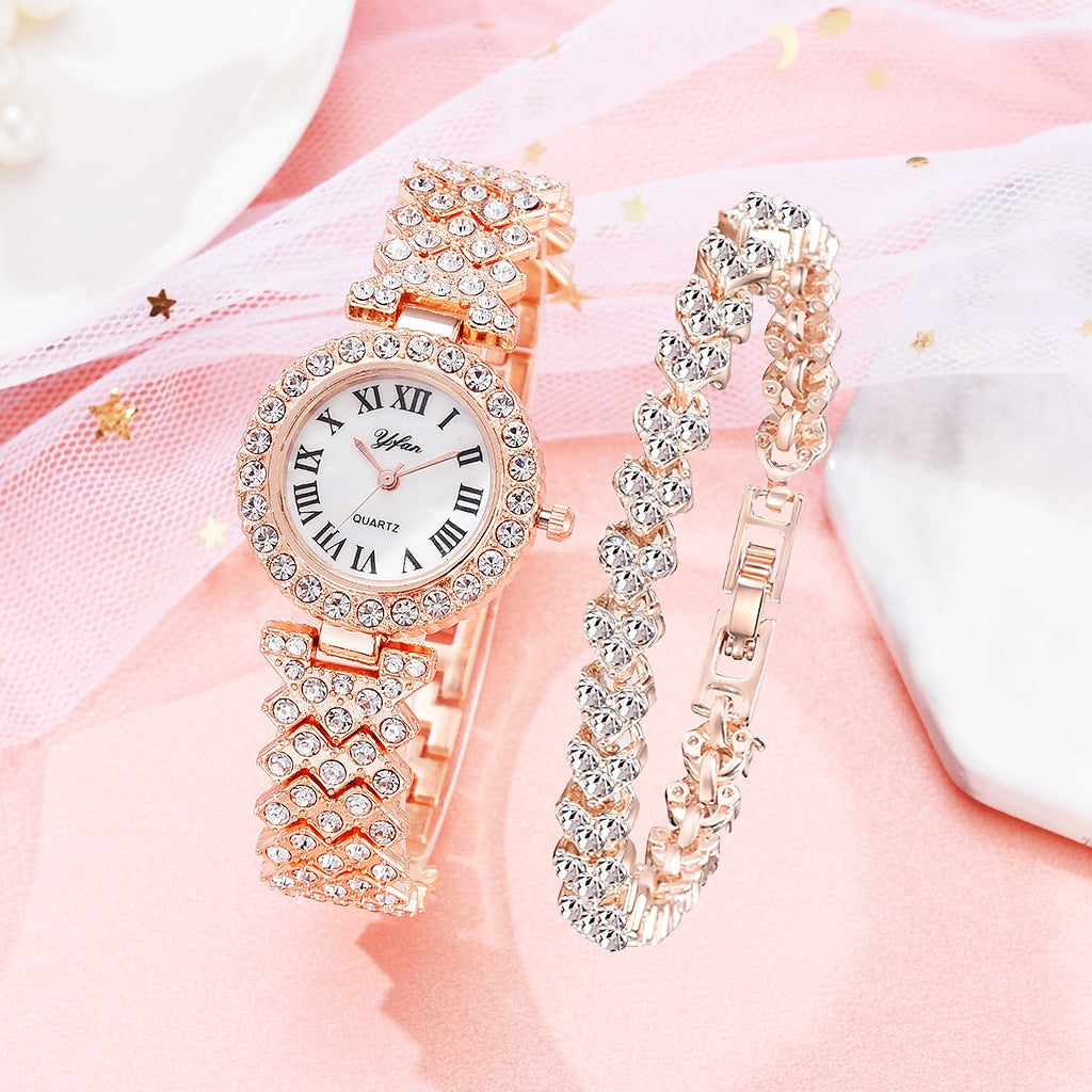 Rose Gold Watch Fashion Ladies Quartz Diamond Wristwatch Elegant