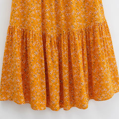 Boho Orange Floral Print Long Skirt Elastic High Waist  Ruched Pleated