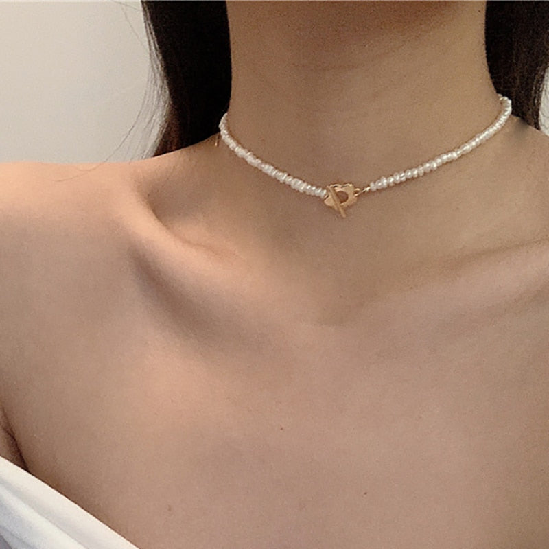 Dainty Pearl Flower Bow-knot Choker Necklace Long Chain Pearl Heart