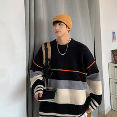 Striped sweater men's loose sweater coat lazy wind thickened round neck