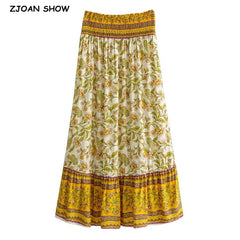 Bohemia Yellow Contrast color Floral Print Long Skirt