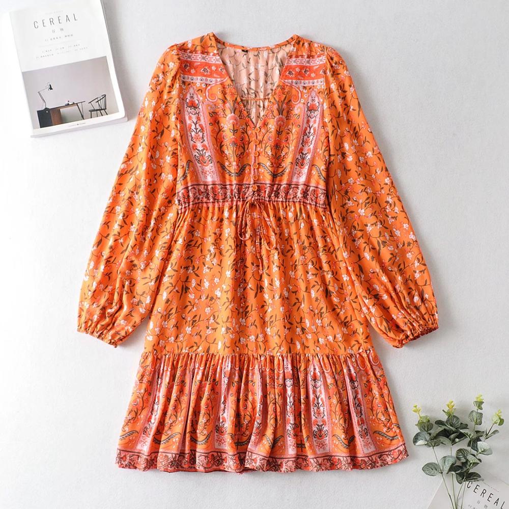 Bohemia V neck Location Floral Print BOHO Long Sleeve Short Dress