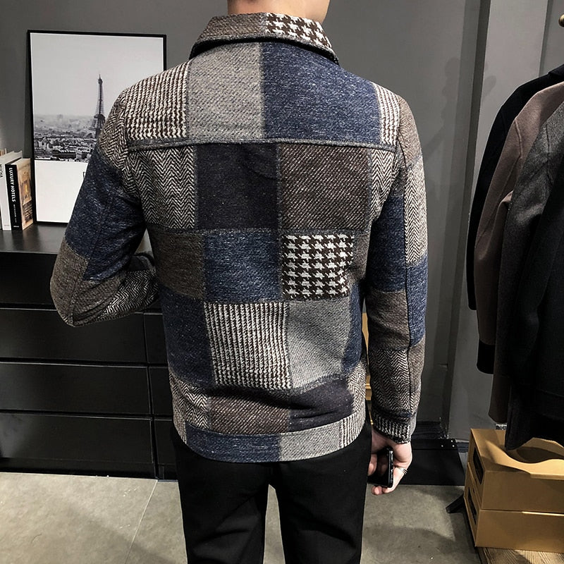 Winter Men Casual Lapel Hoodless Jacket Slim Plaid Woolen Coat