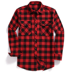 Men Casual Plaid Flannel Shirt Long-Sleeved Two Pocket Printed-Button