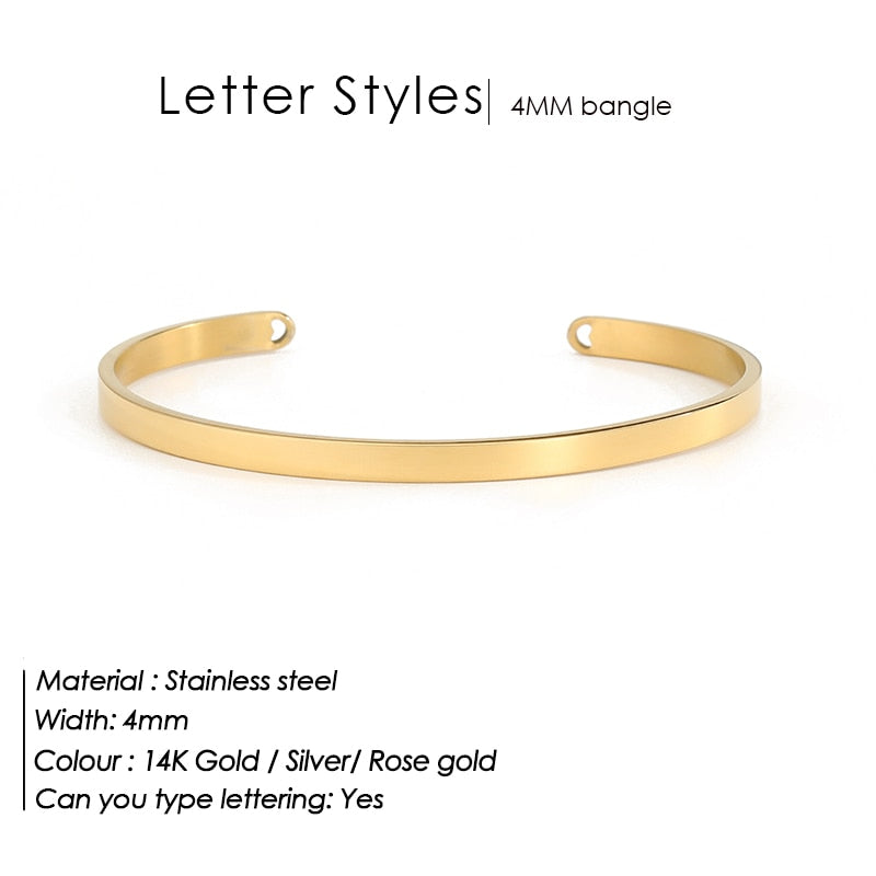 4MM Engrave Cuff Custom Name Bracelet Motto Gold color Bracelet Engraving