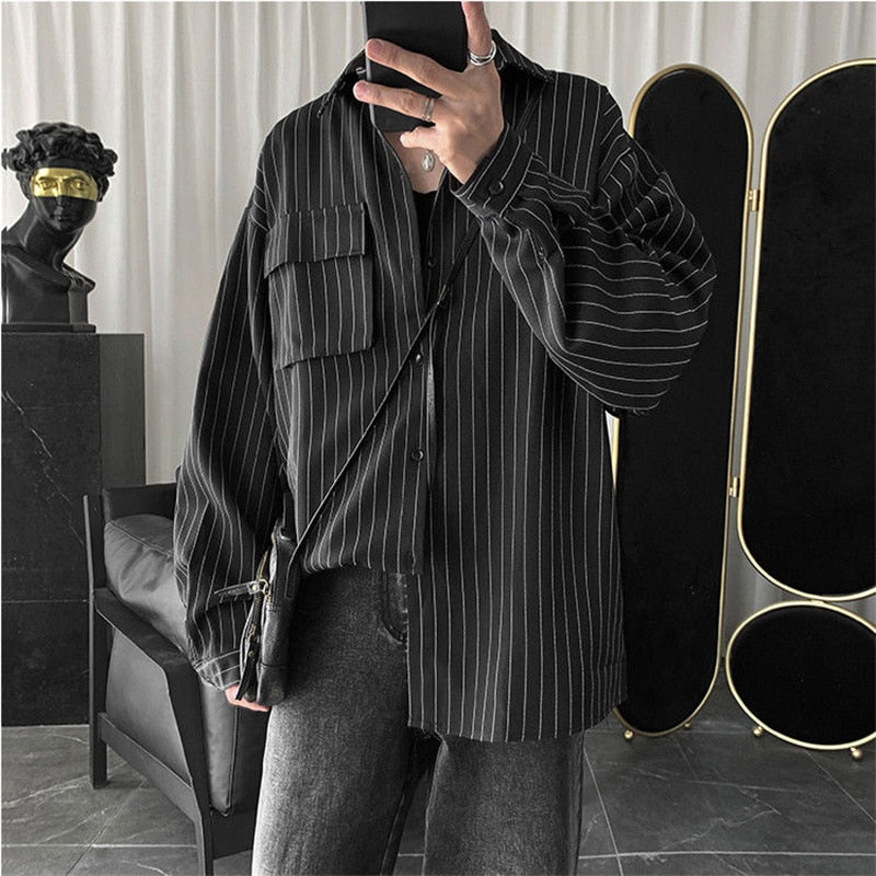 Striped Shirt Jacket Men Casual Gothic Long-Sleeved Shirt Tops