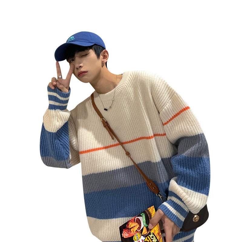 Striped sweater men's loose sweater coat lazy wind thickened round neck