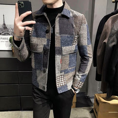 Winter Men Casual Lapel Hoodless Jacket Slim Plaid Woolen Coat